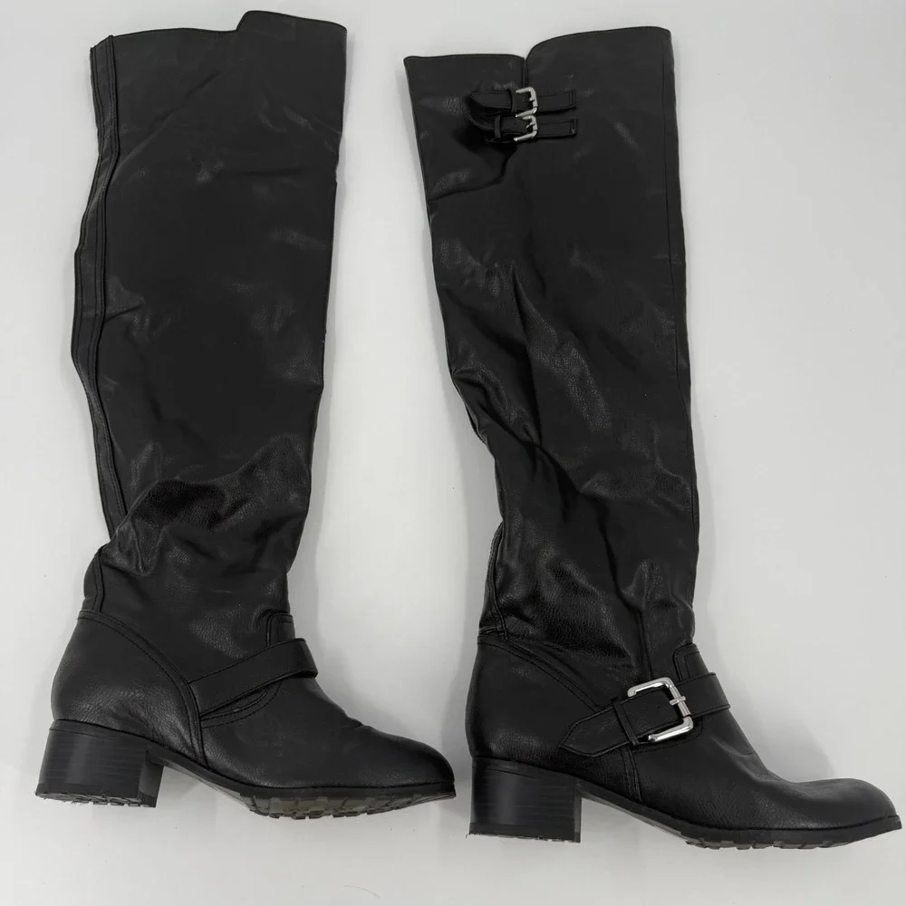 Colin Stuart Slouchy Knee-High Boots Womens US 9B Black Round Toe Buckle Detail